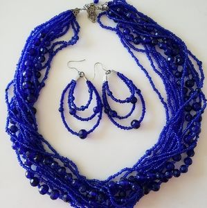 Blue beaded necklace and earrings set